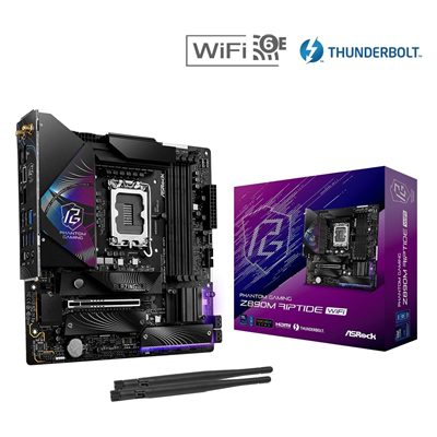ASRock Z890M RIPTIDE WIFI PHANTOM GAMING Intel 1851 Socket Motherboard, Micro-ATX, 4x DDR5 Slots, 3x M.2 Sockets, Fitted I/O Shield, 2.5GbE LAN, Wi-Fi 6E, 1x DisplayPort / 1x HDMI / 2x USB-C (USB4)